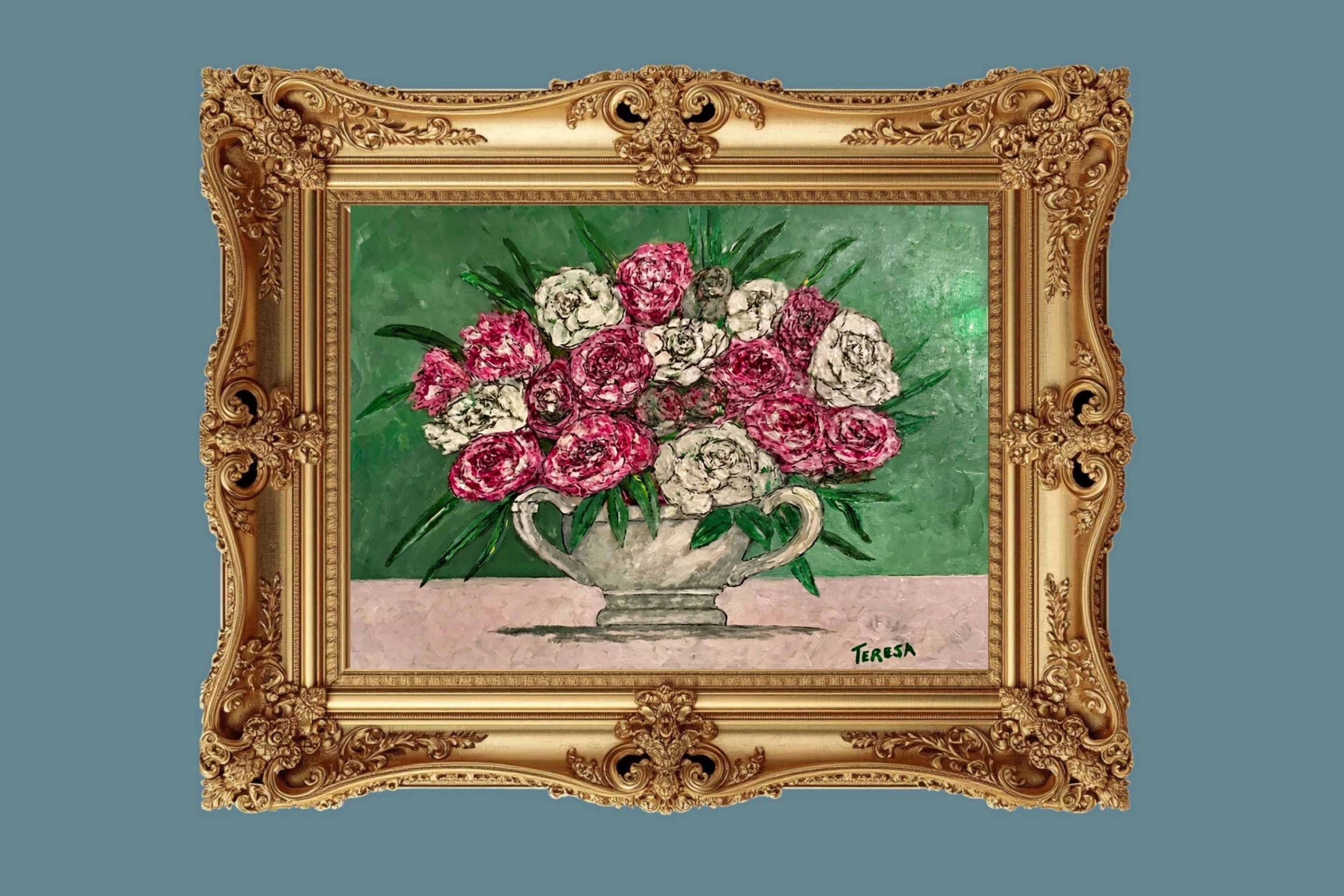 Garden's Best Arrangement | Original Teresa Johnson Floral Painting | Pink & White Roses in Vintage Pitcher | Giclée Paper • Wood • Metal • Canvas