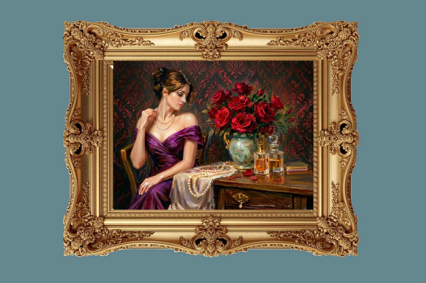 Lady of the Crimson Roses | Elegant Woman Portrait | Vintage Victorian Wall Art | Romantic Floral Giclée Print | Elegant Woman with Roses | Vintage Portrait Wall Art | Romantic Victorian Decor | Giclée Print on Paper, Canvas, Wood & Metal