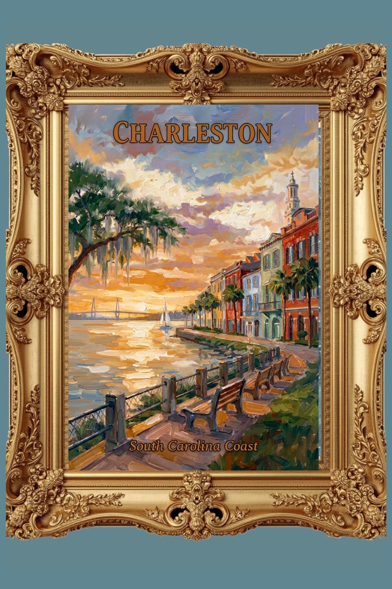 Charleston Sunset And Coastal Charm| US East Coast Art | Travel Poster|Prints Giclee Paper Giclee Canvas Birch Wood And Metal Panels