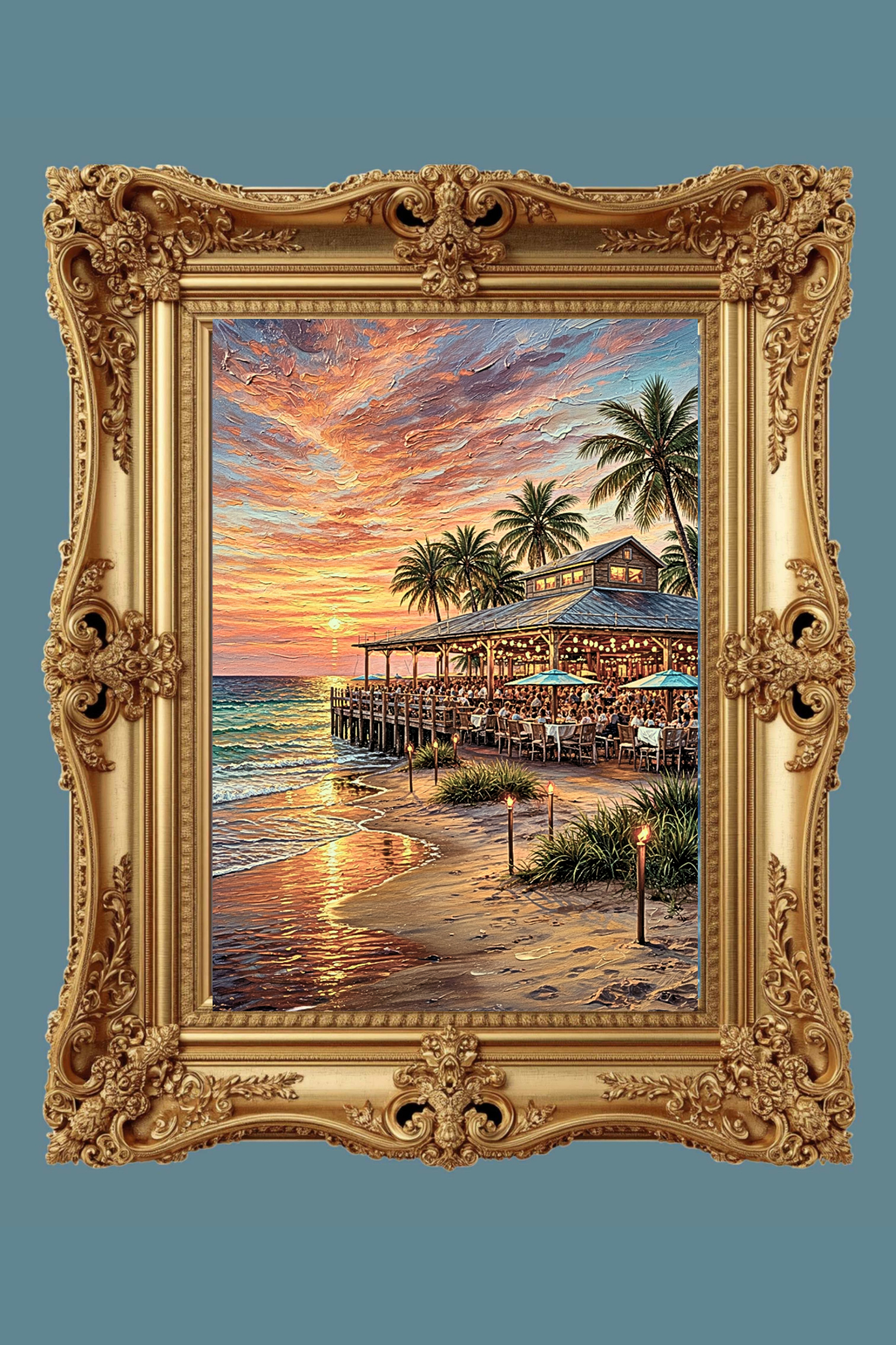 Beachside Dining At Sunset| Coastal Print| Vacation Art| Ocean Beach Print| Travel Poster| Giclee Paper- Wood- Metal- Canvas