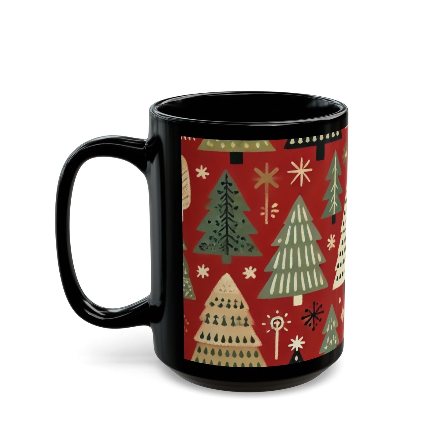 Christmas Tree Green and Red- 11 oz or 15 oz Ceramic Black Mugs