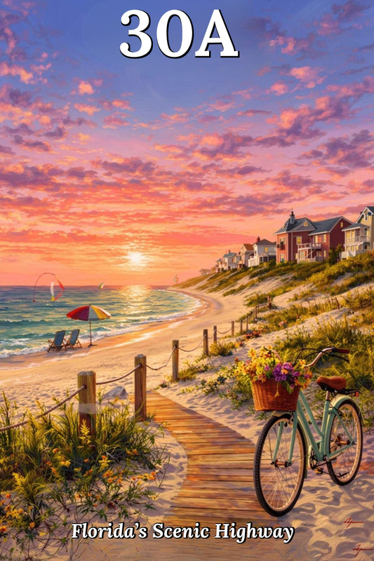 Bicycle Ride Along Florida 30A| Beach and Sunset Art| Travel Poster| Giclee Paper- Wood- Metal- Canvas