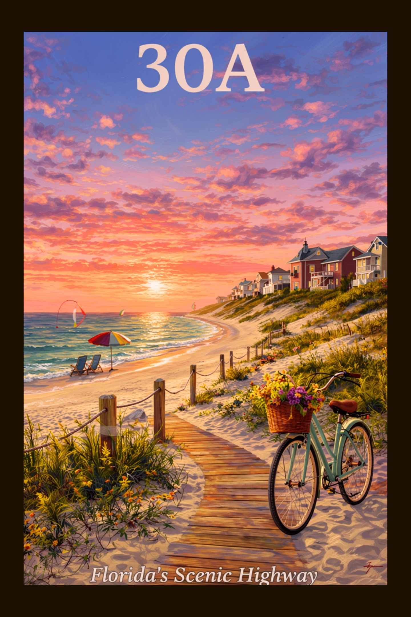 Bicycle Ride Along Florida 30A| Beach and Sunset Art| Travel Poster| Giclee Paper- Wood- Metal- Canvas