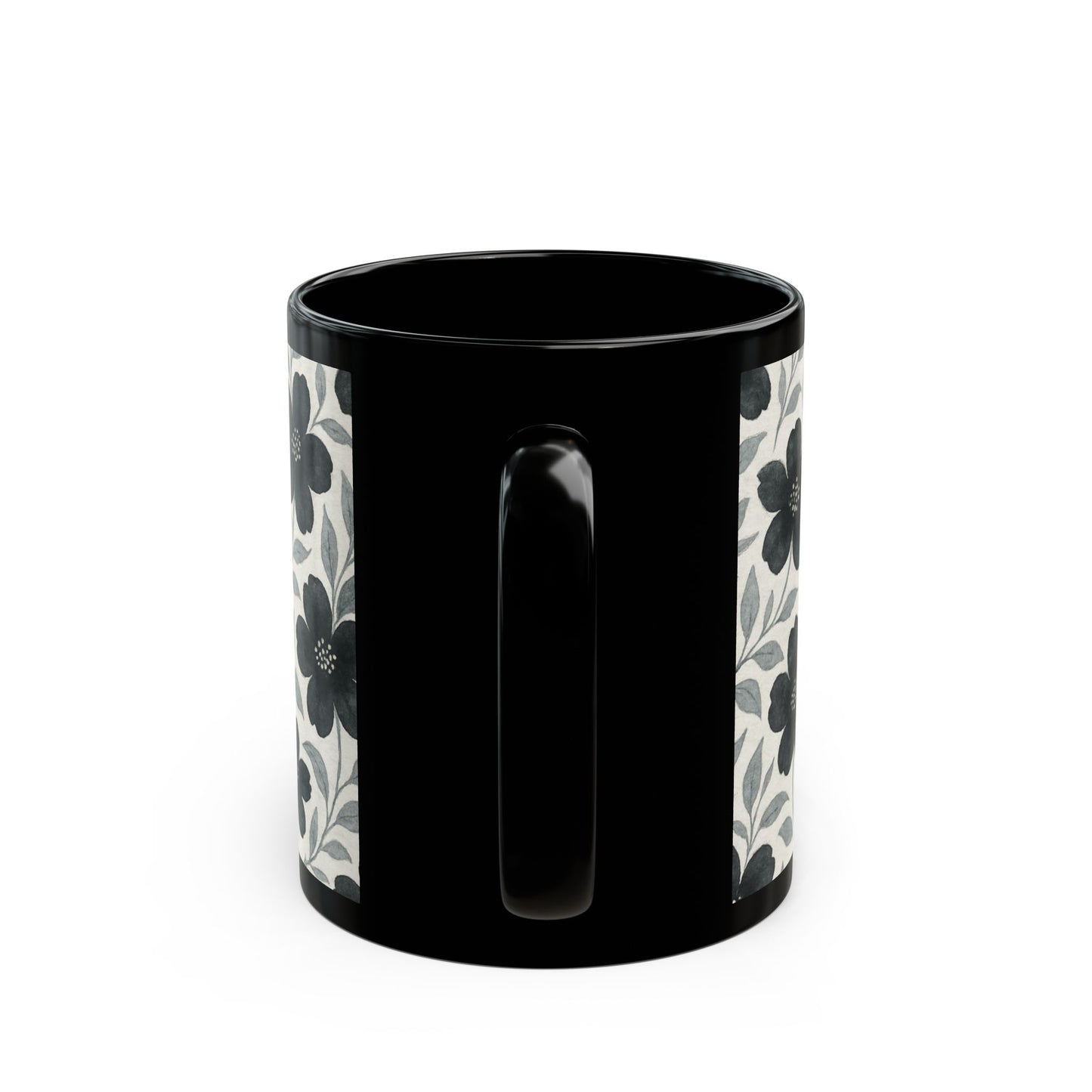 Black with Silver Flowers - 11 oz or 15 oz Ceramic Black Mugs