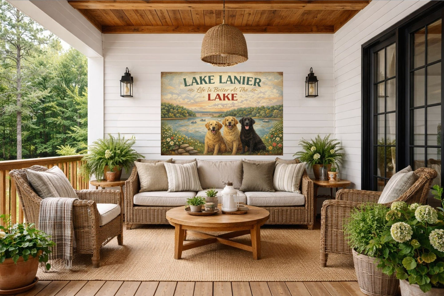 Lake Lanier Sunset with Happy Pups| Buford Dam| Chattahoochee Rivers Art| Giclee Paper- Wood Sign- Metal Sign- Canvas