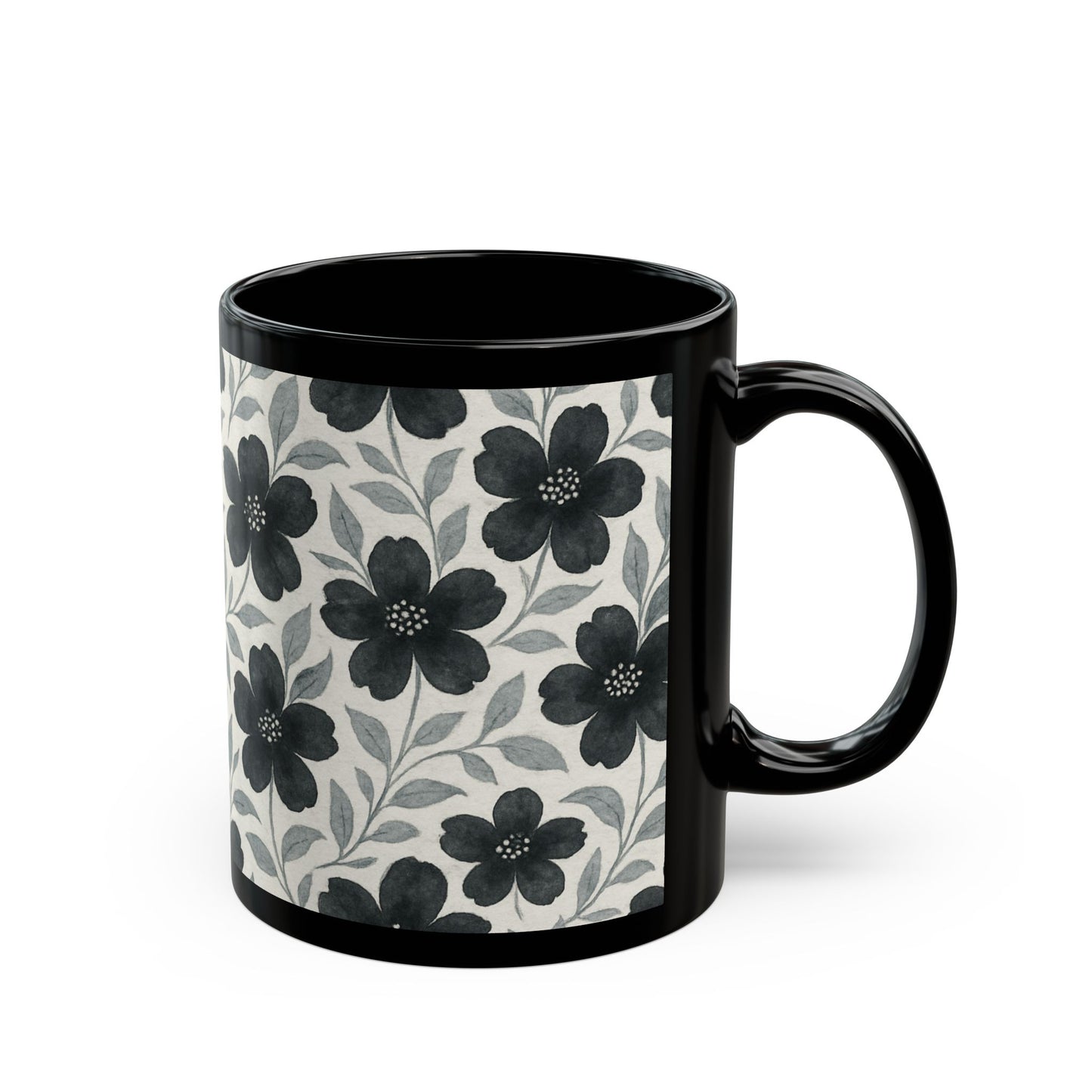 Black with Silver Flowers - 11 oz or 15 oz Ceramic Black Mugs