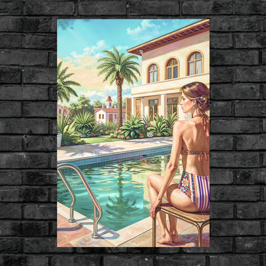 By The Pool| Vintage Style Art| Giclee Paper- Wood- Metal- Canvas