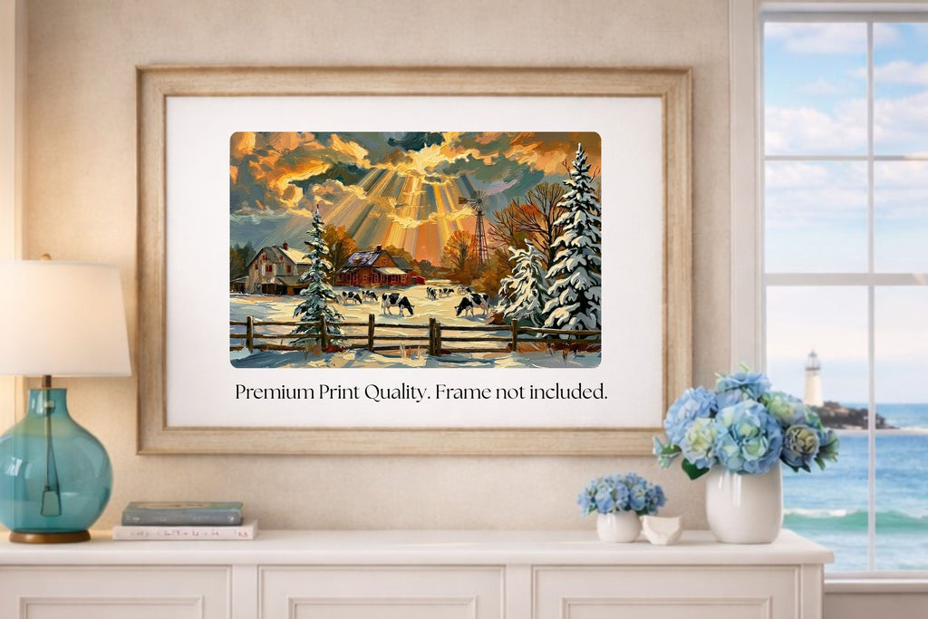 Winter Farm | Farmhouse Print| Snow Covered Ranch | Winter Art | Giclée Paper • Wood • Metal • Canvas
