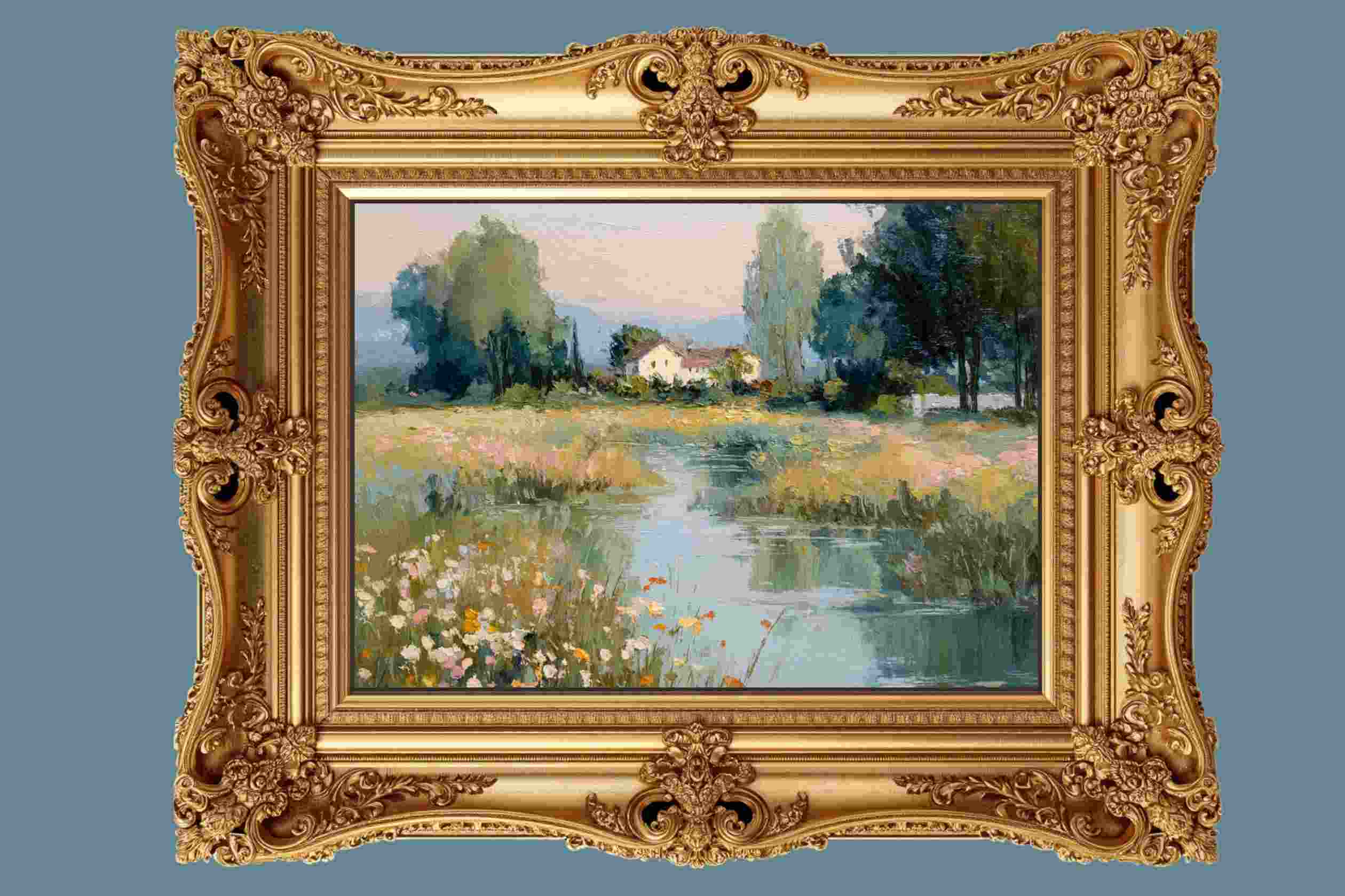 Gentle Waters Cottage |Impressionist Print| Stream and Wildflower Art| Cottage Garden Wall Art| Giclée on Canvas, Wood, Metal & Fine Art Paper