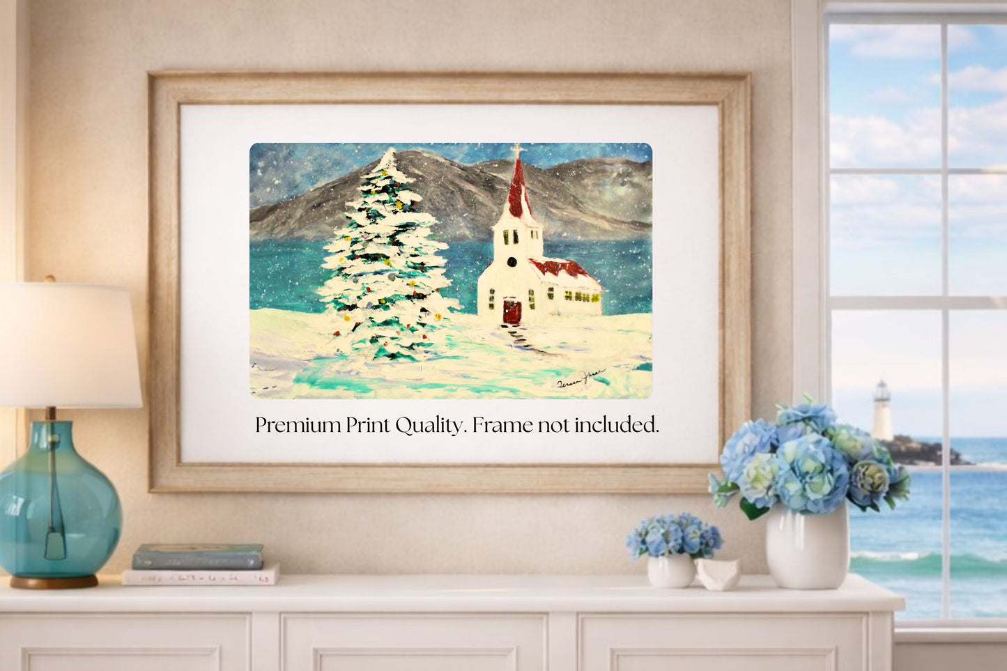 Church In the Rockies| Christmas Tree in Snow art| Giclee Paper- Wood- Metal- Canvas