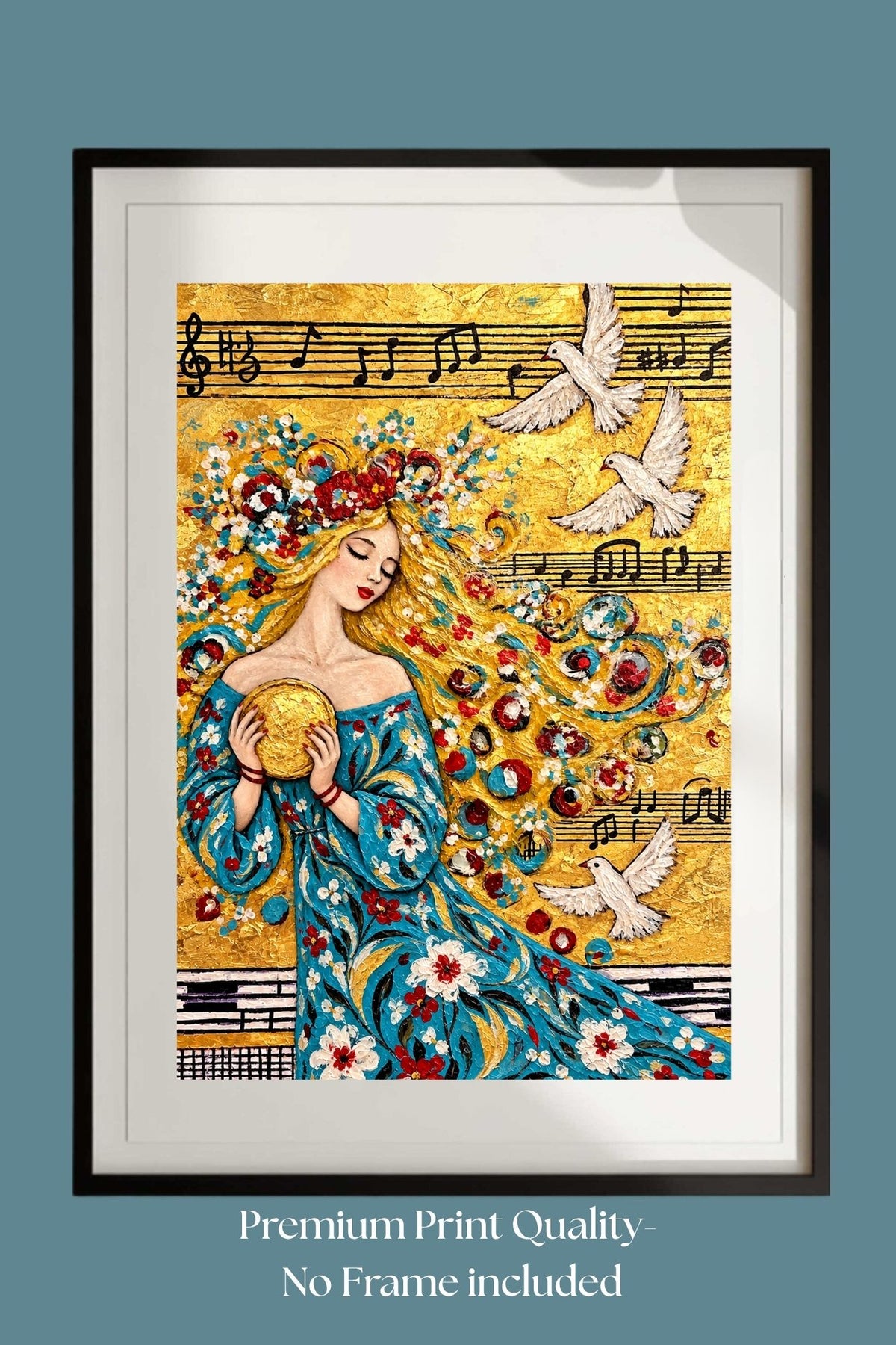 Carol’s Golden Song | Heavenly Inspired Music Art | Woman and Dove Wall Art | Giclée Paper, Canvas, Wood or Metal