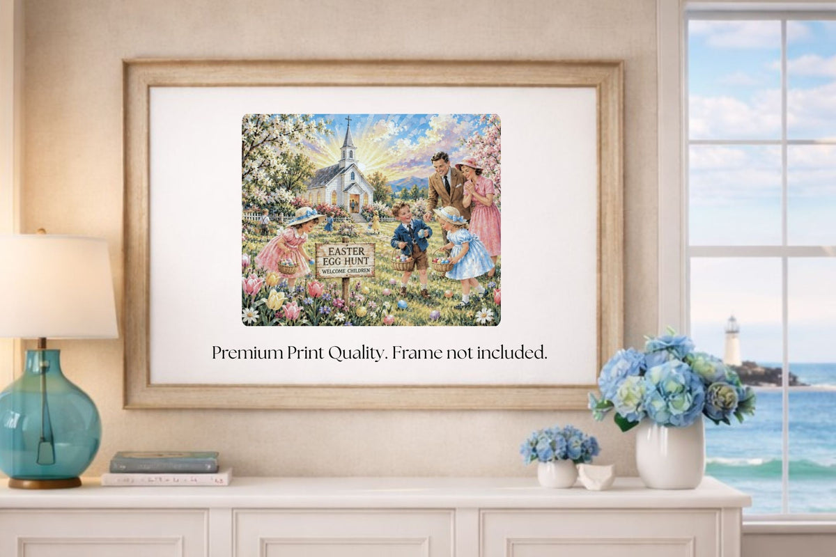 Easter Egg Hunt At the Country Church | Giclee Paper, Prints, Canvas, Wood, or Metal Art