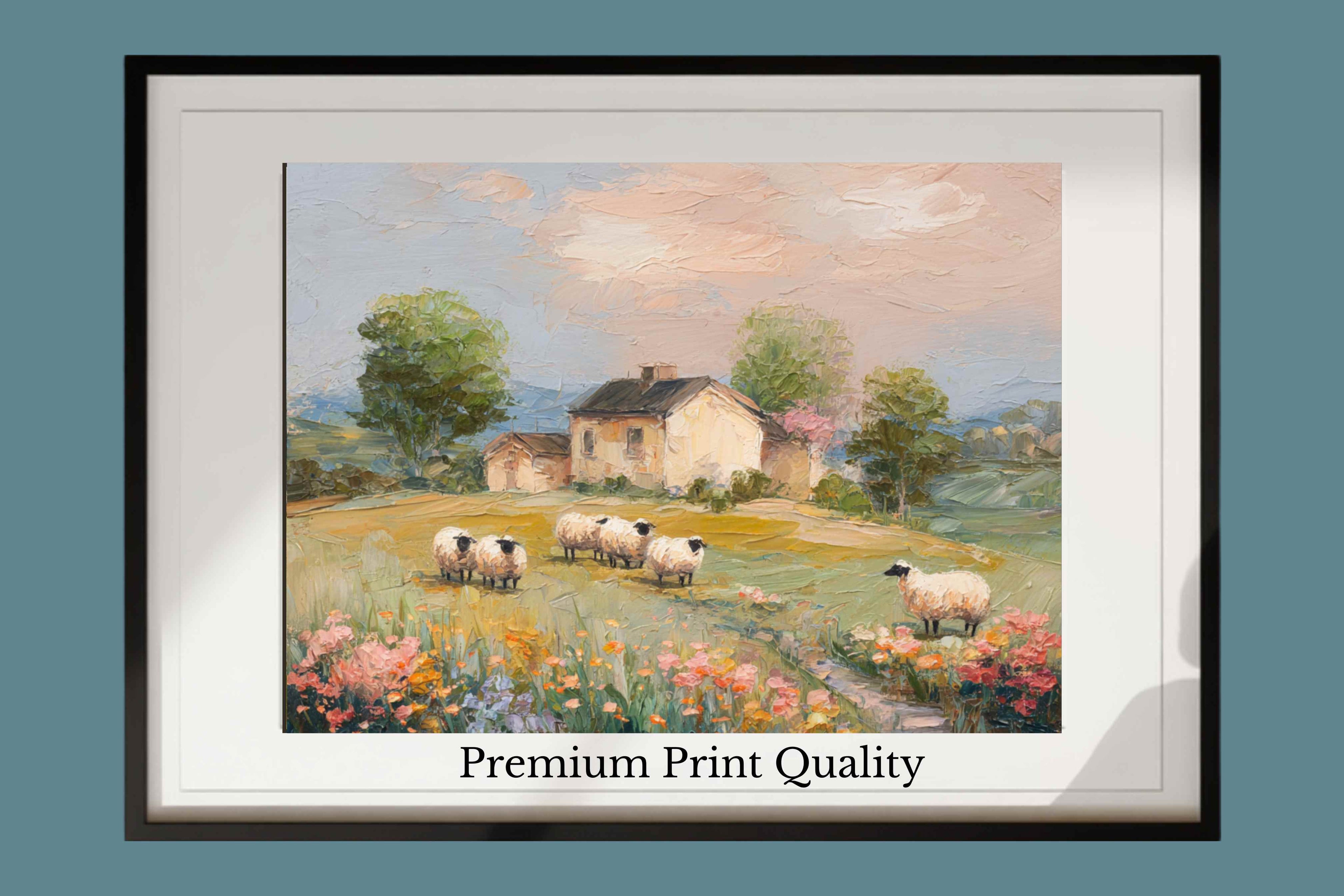 Cotswolds Sheep Farm |Impressionist Print|English Countryside Art| Sheep & Wildflowers Wall Art| Giclée on Canvas, Wood, Metal & Fine Art Paper