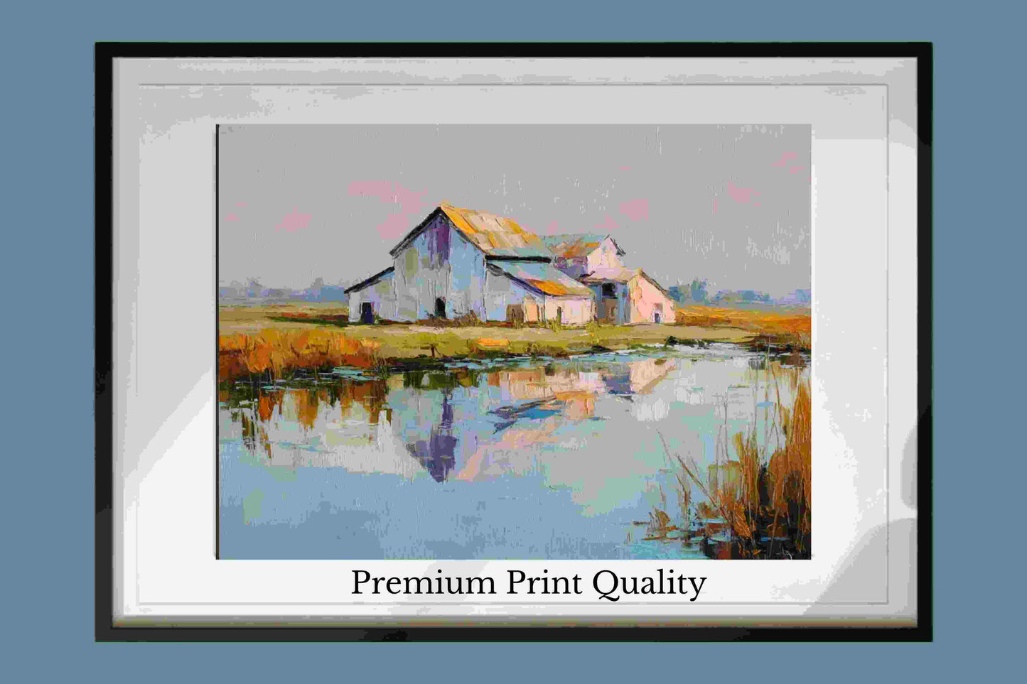Still Water Farm – Impressionist Barn Reflection Painting, Farmhouse Wall Art, Giclée on Canvas, Wood, Metal & Fine Art Paper