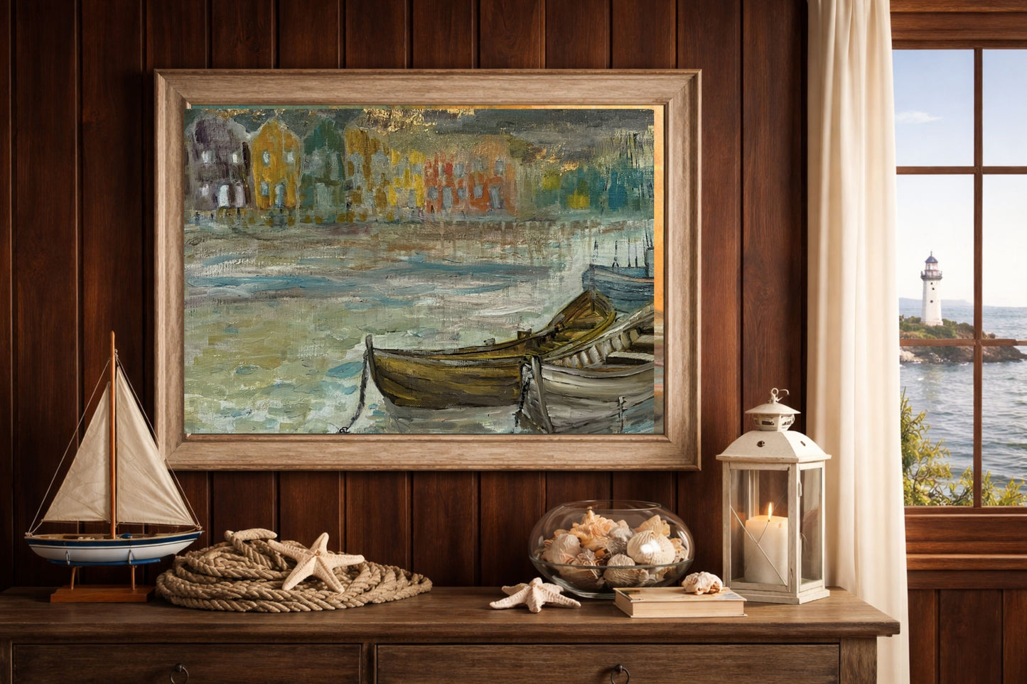 Rainy Harbor Acrylic Fishing boat Impressionist Wall Art | Original Coastal Acrylic Painting| Rainy Harbor (8x10x .5-inch) | Teresa Johnson