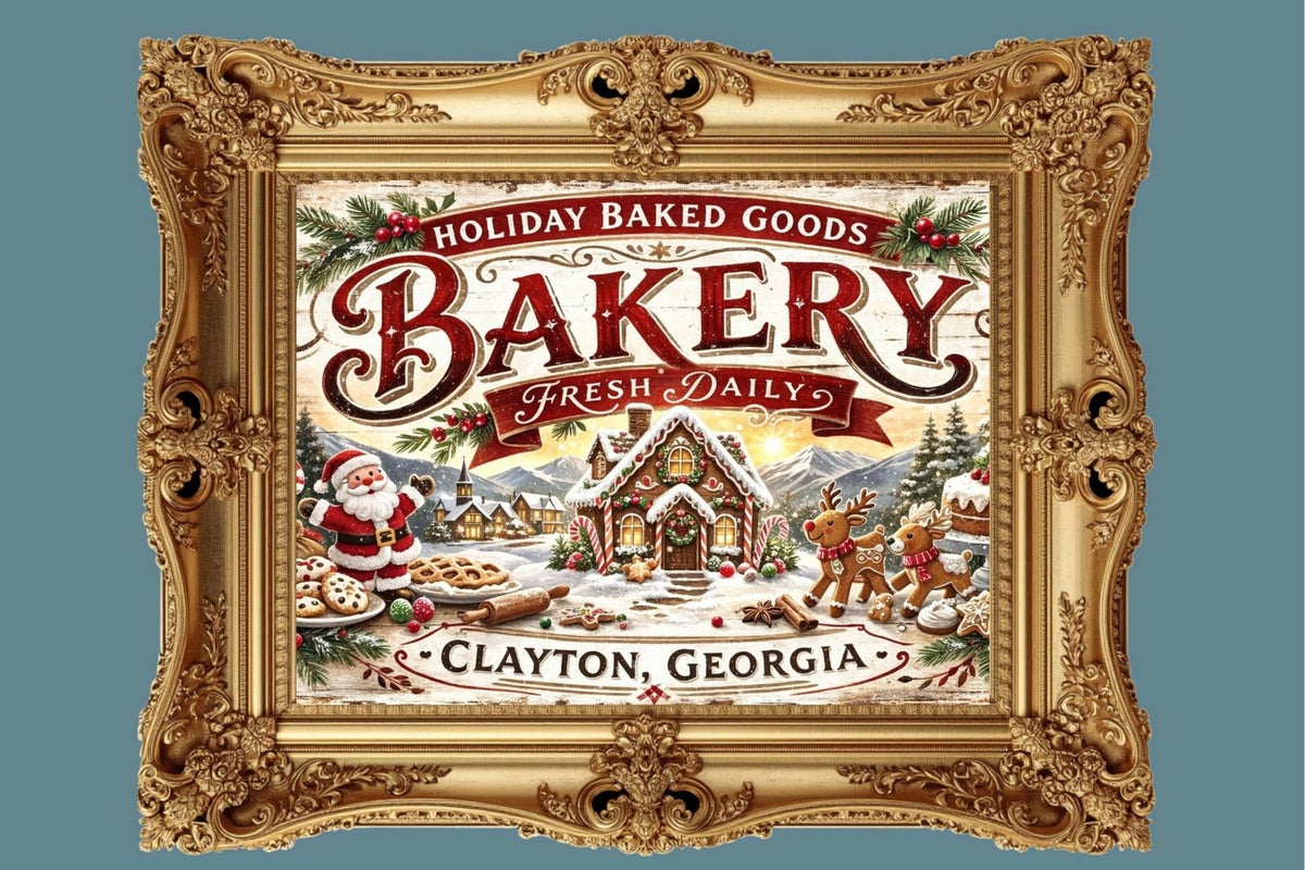 Christmas Bakery Clayton Georgia Vintage Style Sign- Art Giclee Paper- Wood- Metal- Canvas