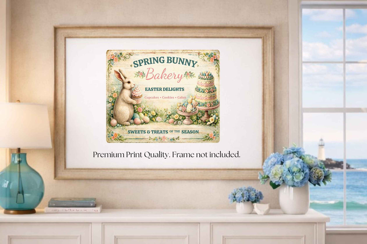 Spring Bunny Bakery Sign With Treats| Prints, Canvas, Wood, or Metal Art