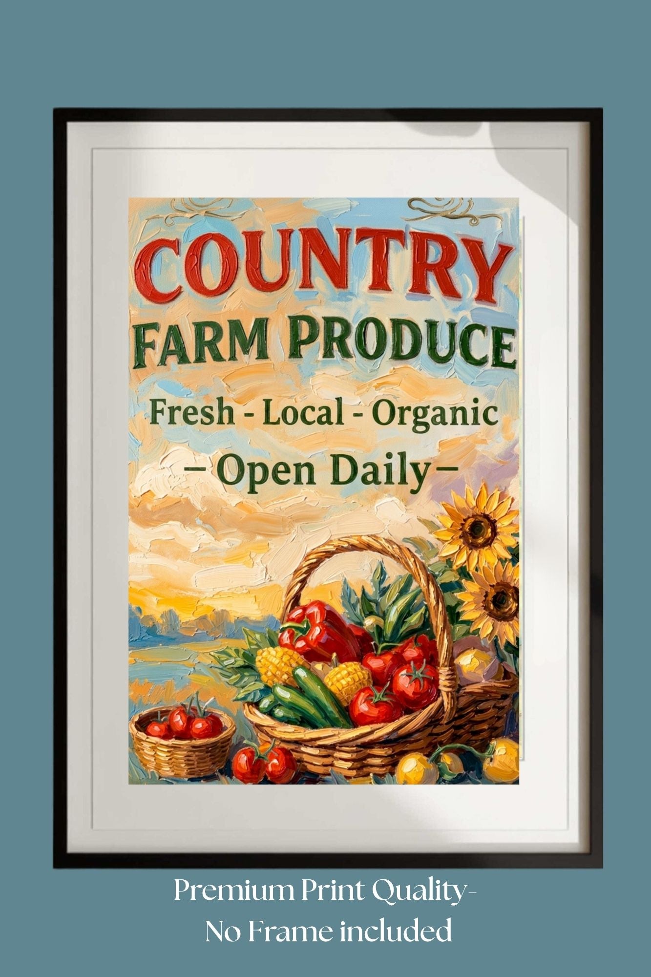 Country Farm Produce Sign | Fresh Local Organic Farm Market Wall Art | Rustic Farmhouse Kitchen Decor | Canvas, Wood, Metal &amp; Giclée Print