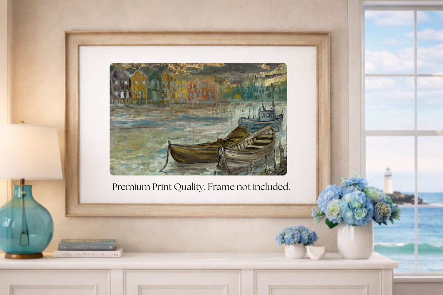 Rainy Harbor | Original Teresa Johnson Coastal Harbor Painting | Fishing Boats & Waterfront Village | Giclée Paper • Wood • Metal • Canvas