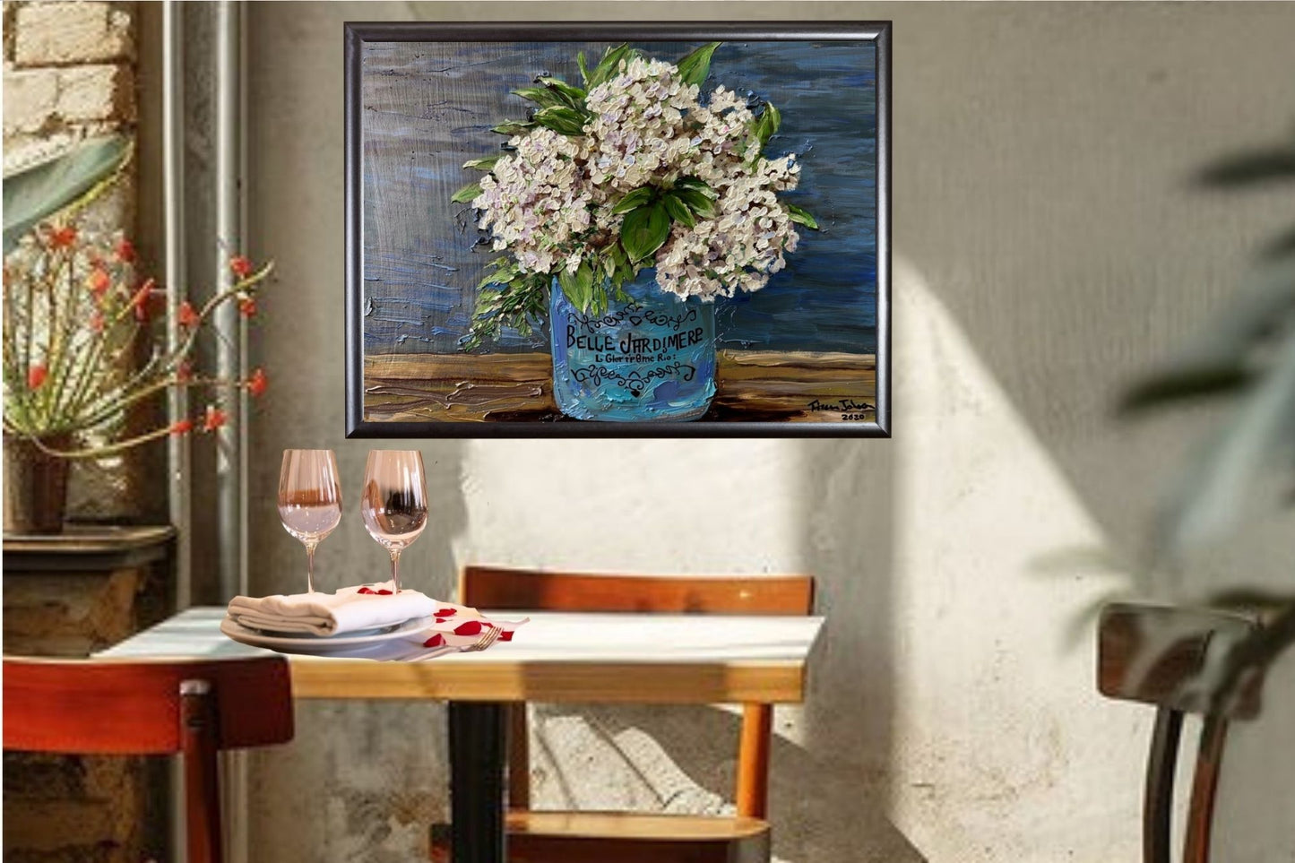 Belle's Bouquet| White Hydrangeas |Blue French Clay Pot Art| Giclee Prints, Canvas, Wood, or Metal
