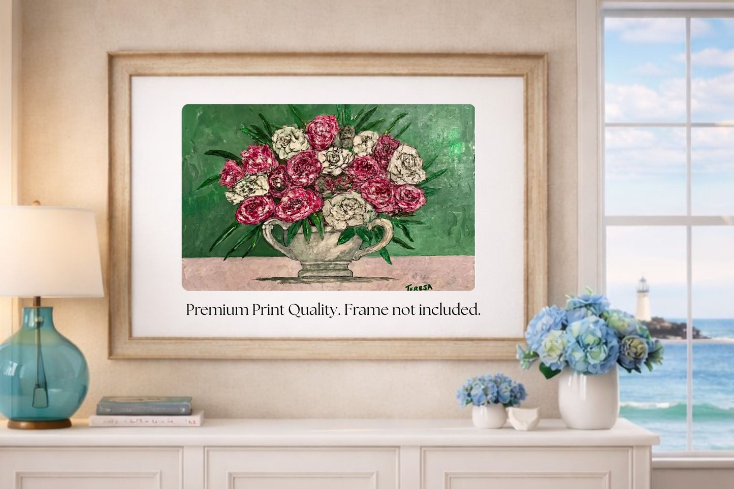 Garden's Best Arrangement | Original Teresa Johnson Floral Painting | Pink & White Roses in Vintage Pitcher | Giclée Paper • Wood • Metal • Canvas