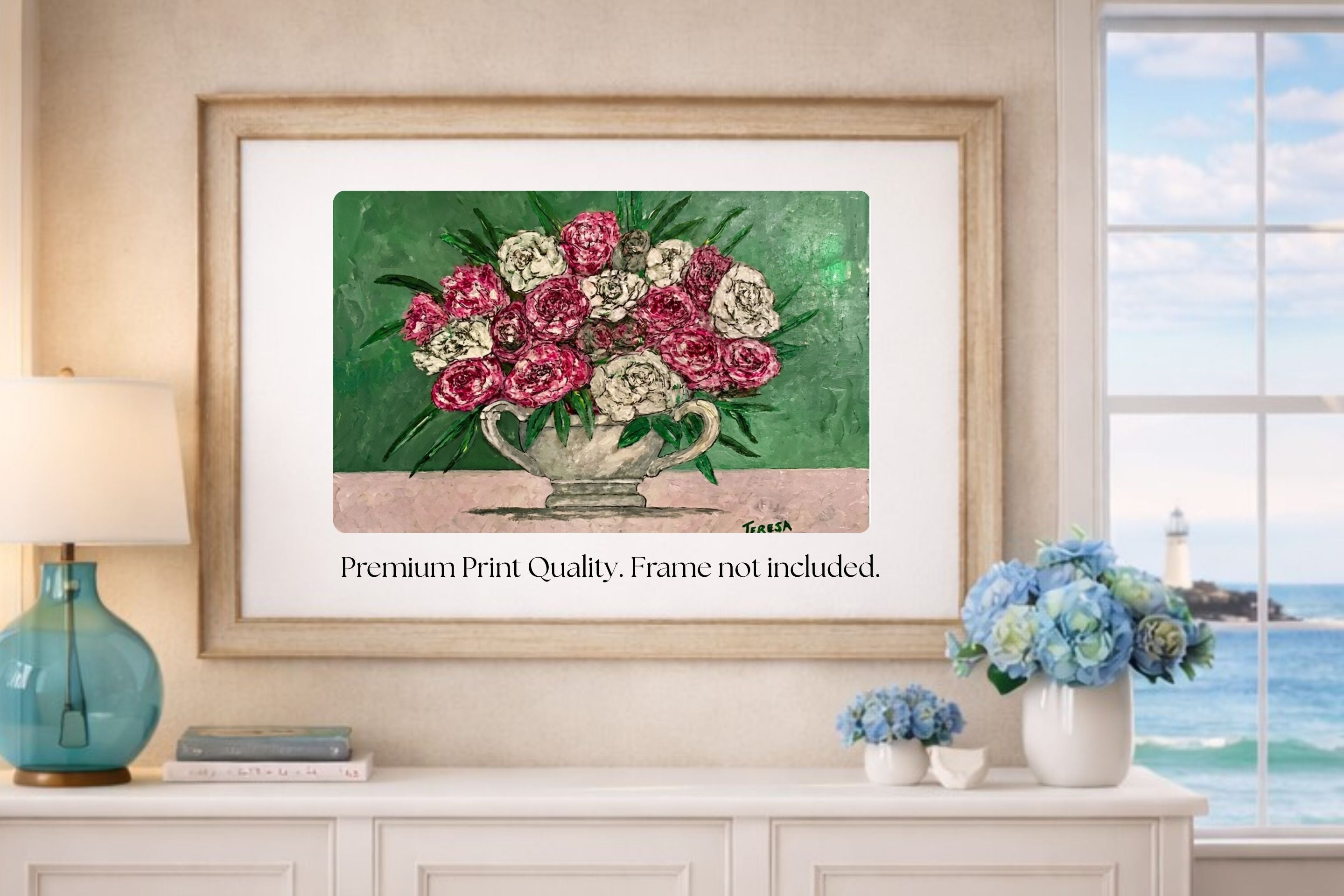 Garden's Best Arrangement | Original Teresa Johnson Floral Painting | Pink & White Roses in Vintage Pitcher | Giclée Paper • Wood • Metal • Canvas