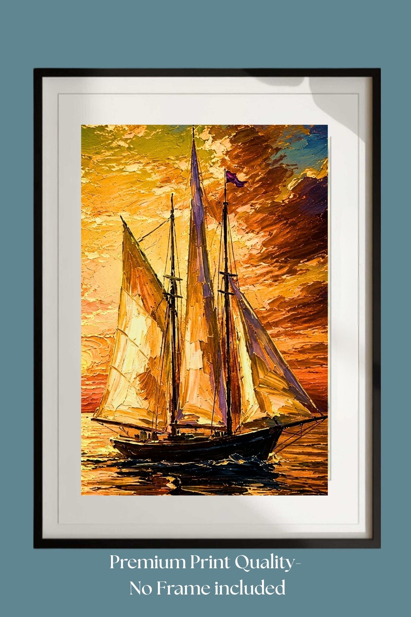 Golden Evening Voyage | Impressionist Sailboat Sunset Wall Art | Coastal Ocean Painting | Giclée Print on Paper, Canvas, Wood & Metal
