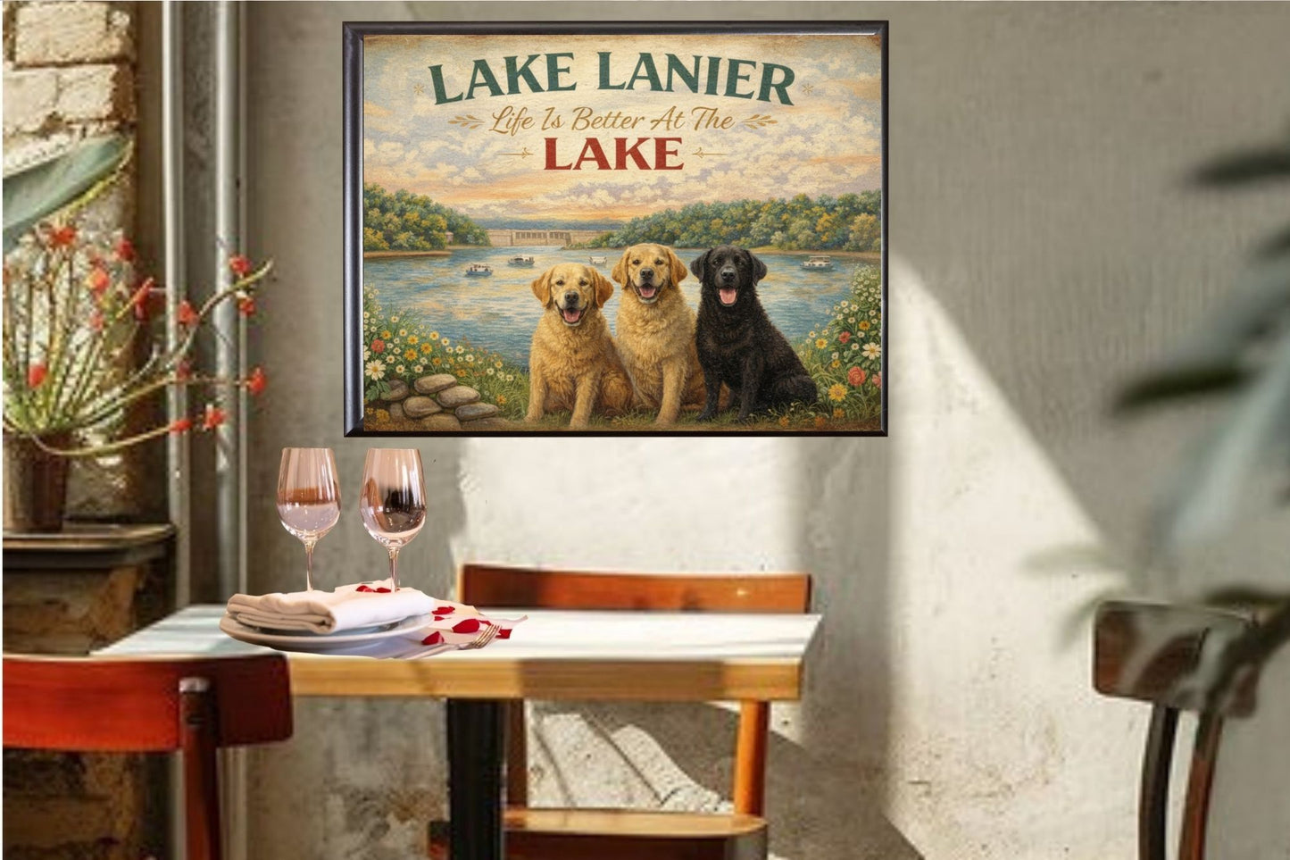Lake Lanier Sunset with Happy Pups| Buford Dam| Chattahoochee Rivers Art| Giclee Paper- Wood Sign- Metal Sign- Canvas