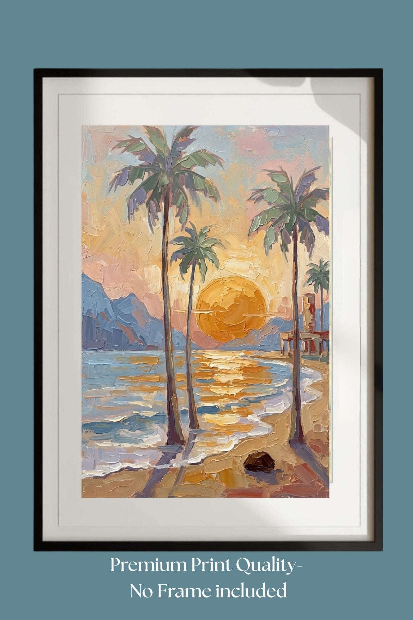 Tropical Sunset View | Impressionist Island Beach Wall Art | Coastal Palm Tree Painting | Giclée Print on Paper, Canvas, Wood & Metal