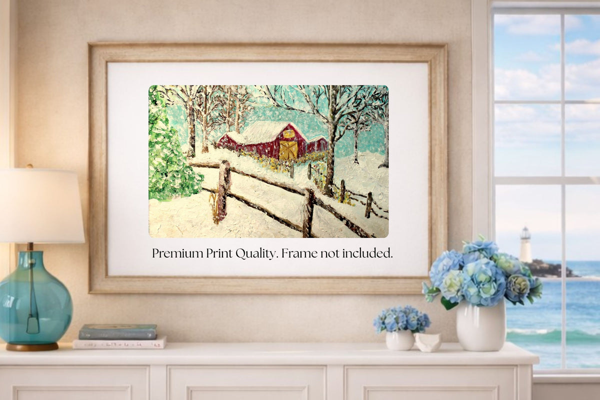 Snowy Christmas Morning| Merry Christmas Art| Vintage Look Farm Barn| Giclee Paper- Wood- Metal- Canvas