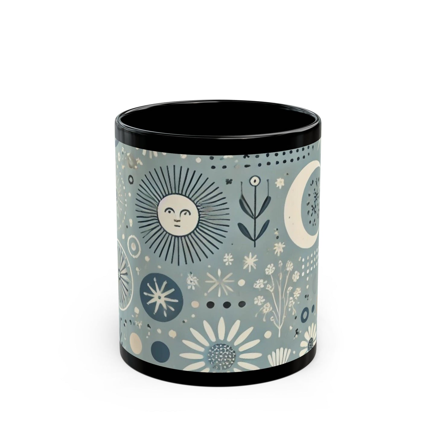 Sun, Moon, and Flowers - 11 oz or 15 oz Ceramic Black Mugs