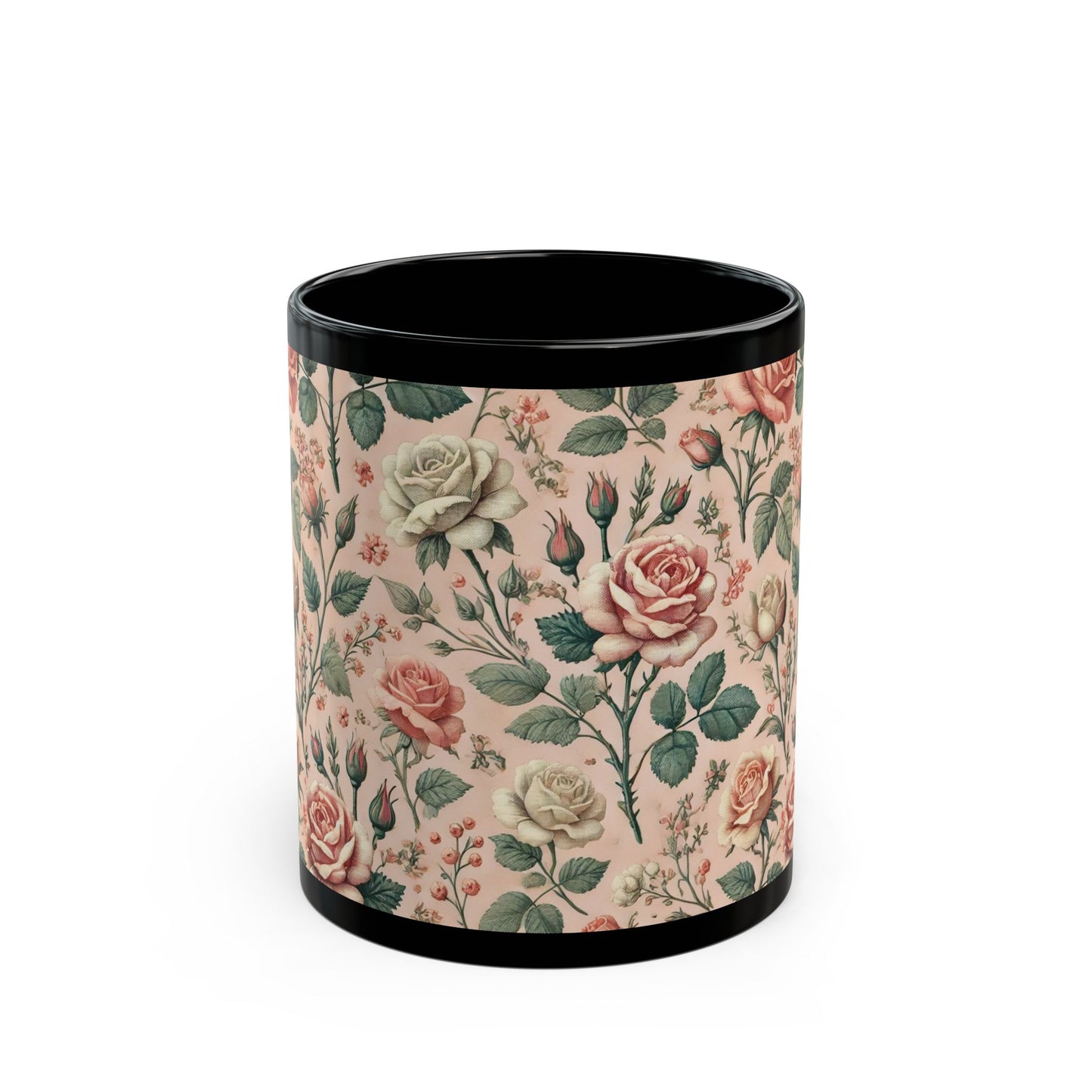 Shabby Chic Pink Roses- 11 oz or 15 oz Ceramic Black Mugs