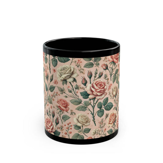 Shabby Chic Pink Roses- 11 oz or 15 oz Ceramic Black Mugs
