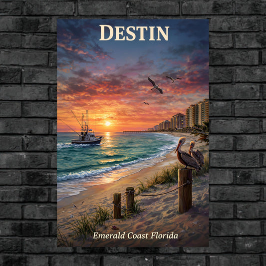 Emerald Coast Sunset In Destin| Travel Poster Art| Giclee Paper- Wood- Metal- Canvas