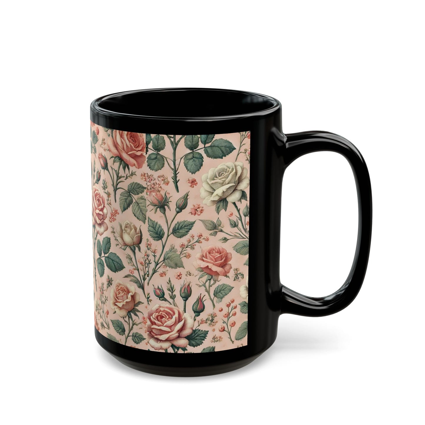 Shabby Chic Pink Roses- 11 oz or 15 oz Ceramic Black Mugs