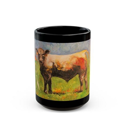 White Egret and the Bull - 11 oz or 15 oz Ceramic Black Mugs