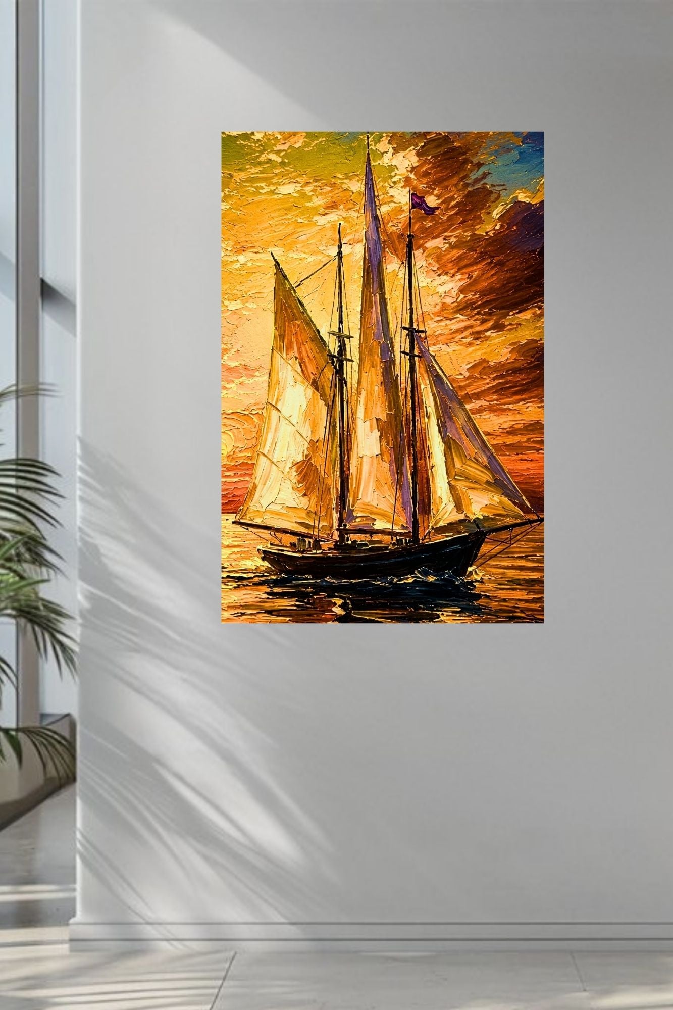 Golden Evening Voyage | Impressionist Sailboat Sunset Wall Art | Coastal Ocean Painting | Giclée Print on Paper, Canvas, Wood & Metal