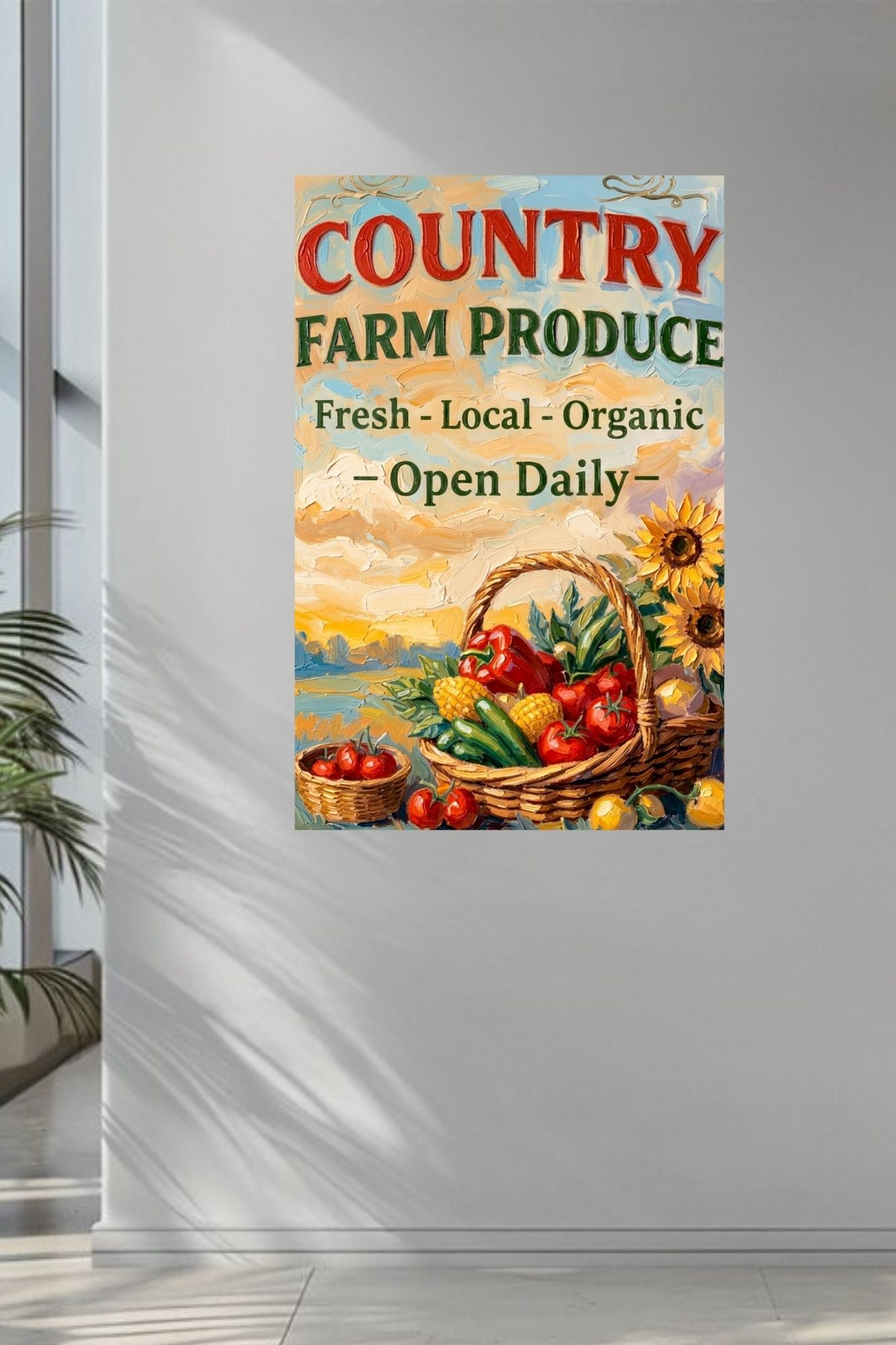 Country Farm Produce Sign | Fresh Local Organic Farm Market Wall Art | Rustic Farmhouse Kitchen Decor | Canvas, Wood, Metal &amp; Giclée Print