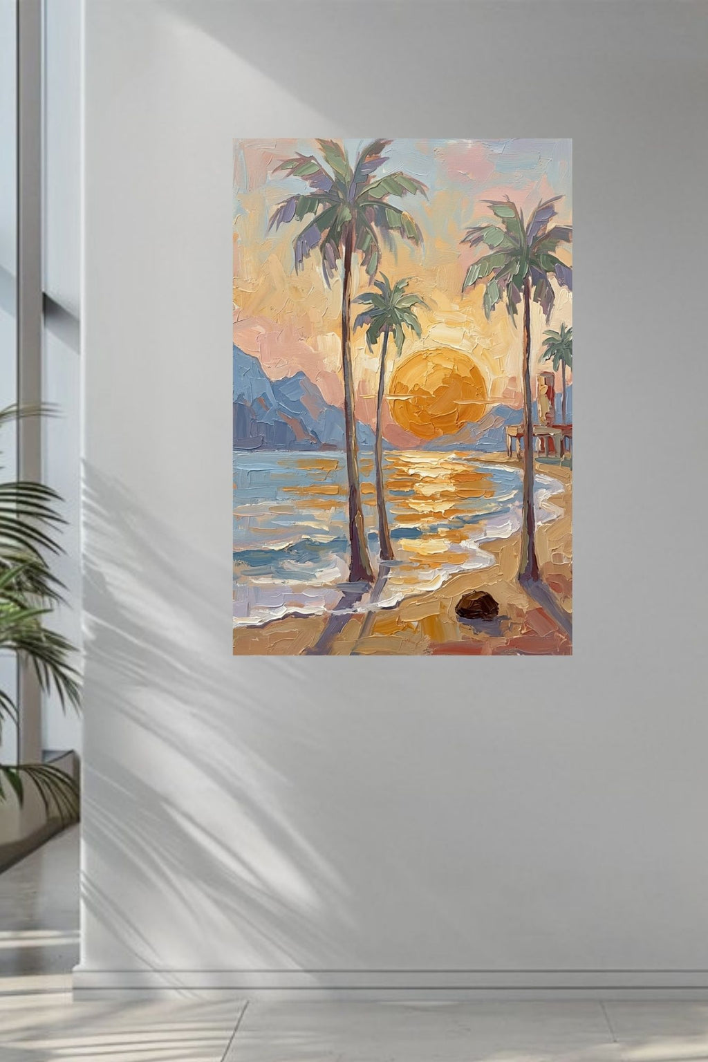 Tropical Sunset View | Impressionist Island Beach Wall Art | Coastal Palm Tree Painting | Giclée Print on Paper, Canvas, Wood & Metal