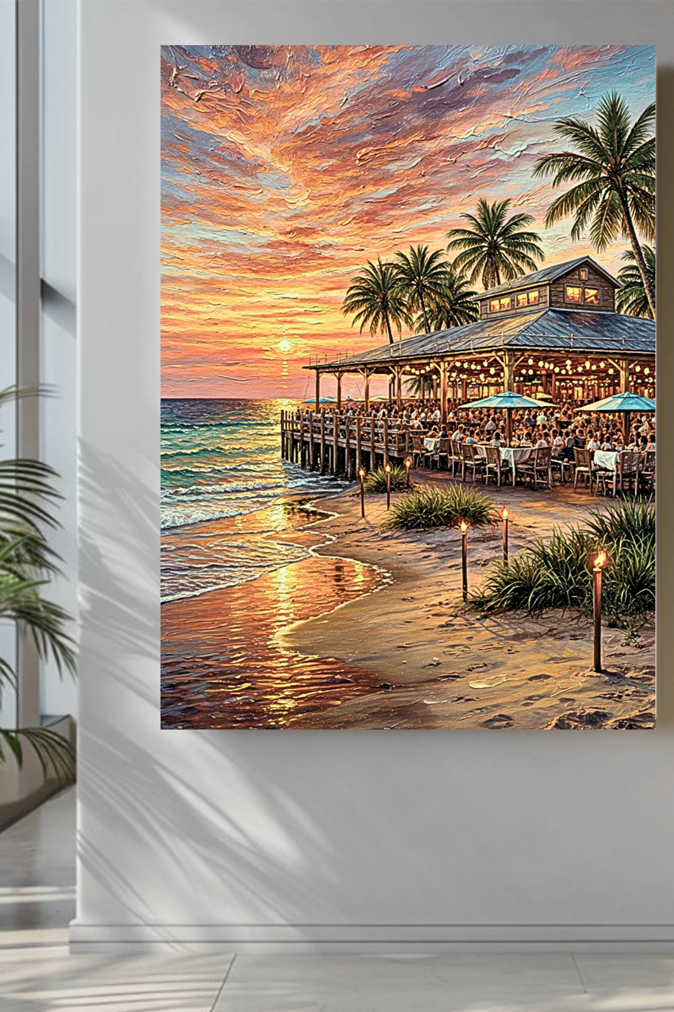 Beachside Dining At Sunset| Coastal Print| Vacation Art| Ocean Beach Print| Travel Poster| Giclee Paper- Wood- Metal- Canvas