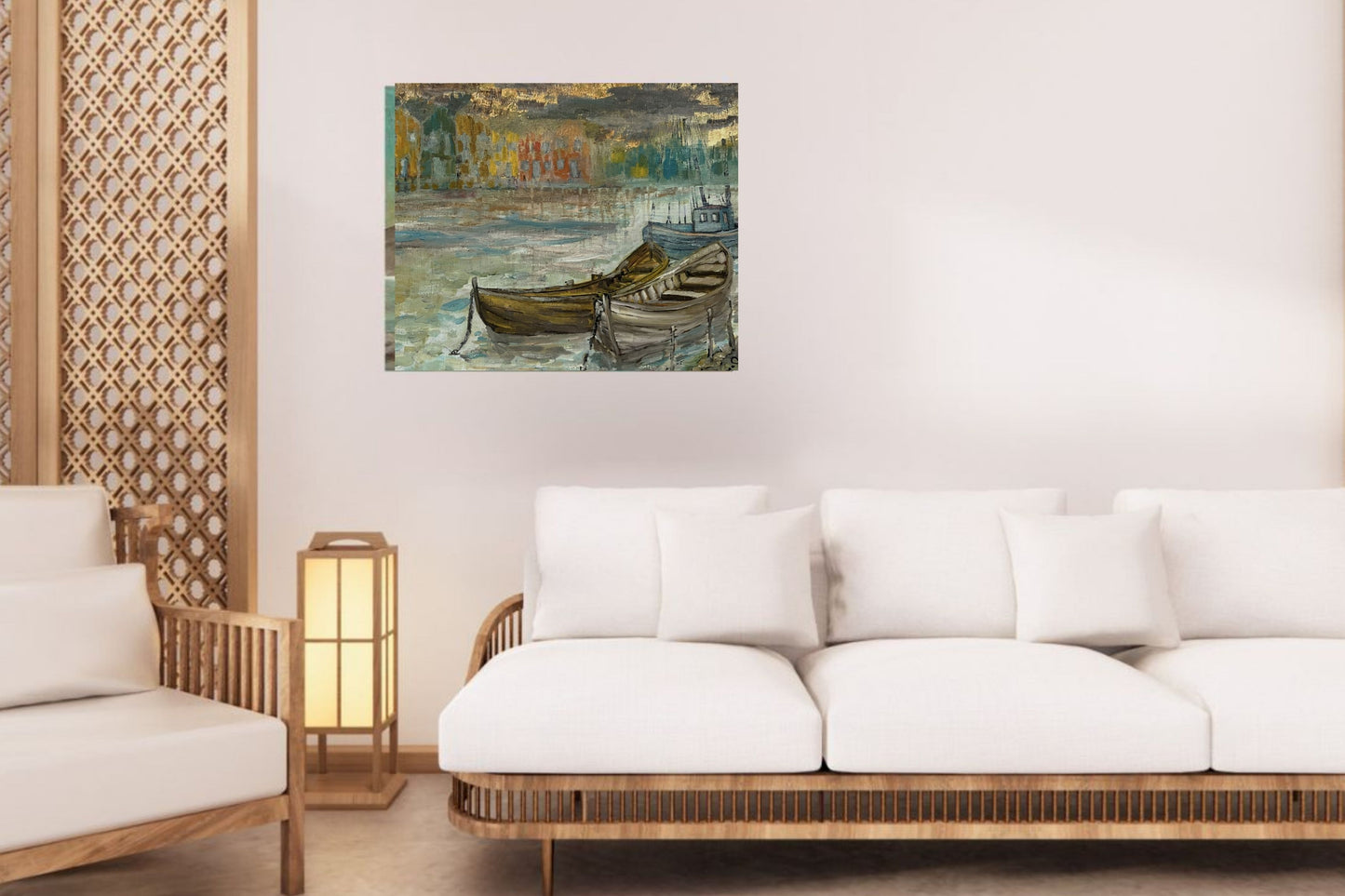 Rainy Harbor Acrylic Fishing boat Impressionist Wall Art | Original Coastal Acrylic Painting| Rainy Harbor (8x10x .5-inch) | Teresa Johnson