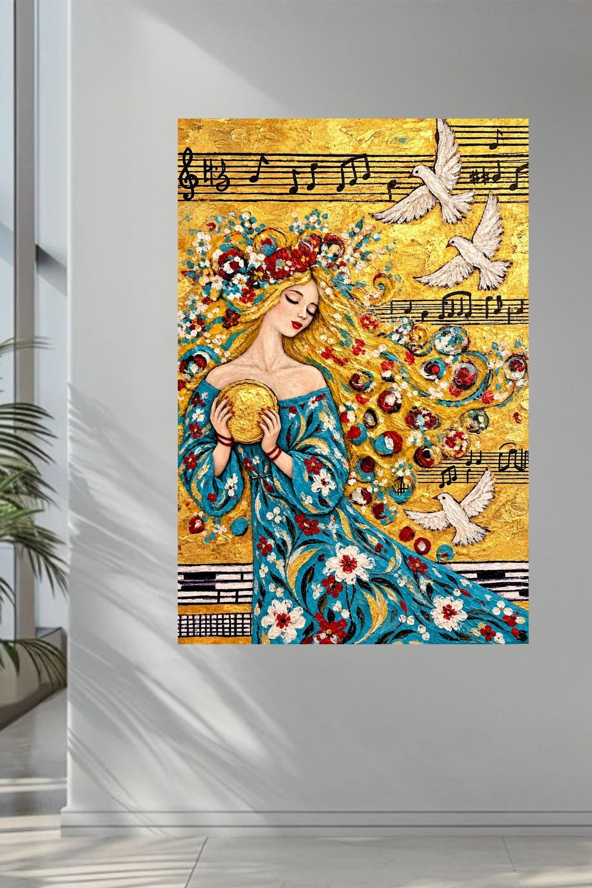 Carol’s Golden Song | Heavenly Inspired Music Art | Woman and Dove Wall Art | Giclée Paper, Canvas, Wood or Metal