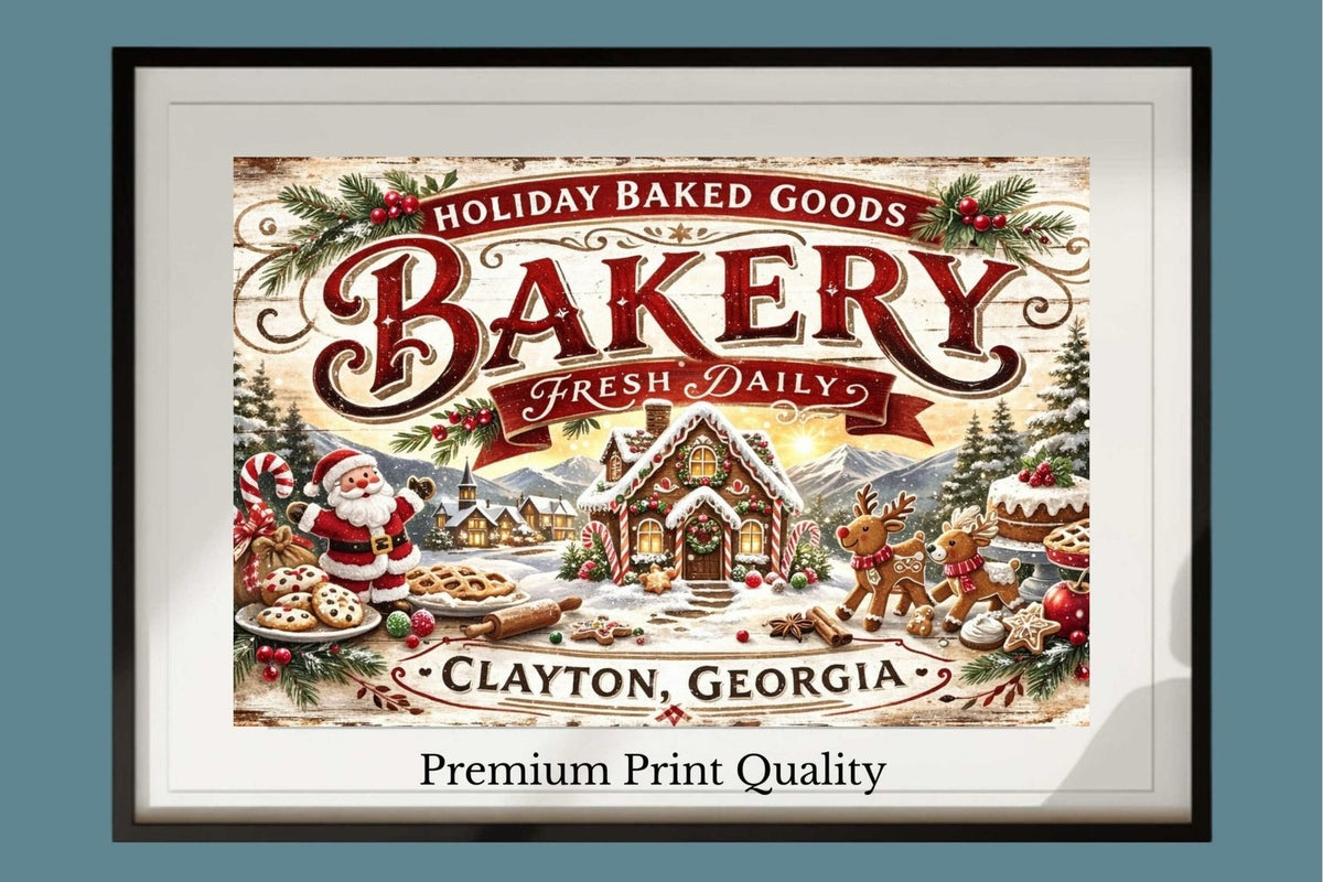 Christmas Bakery Clayton Georgia Vintage Style Sign- Art Giclee Paper- Wood- Metal- Canvas