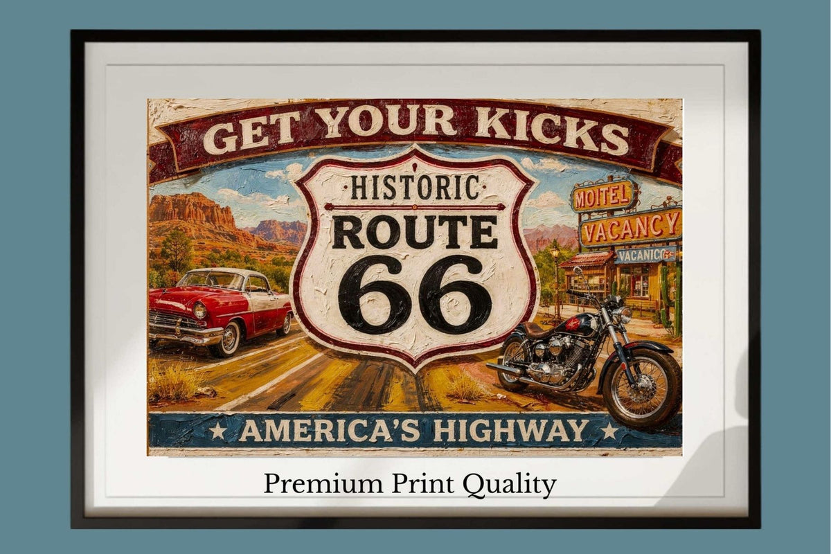 Historical Route 66 Vintage Sign| Prints, Canvas, Wood, or Metal Art