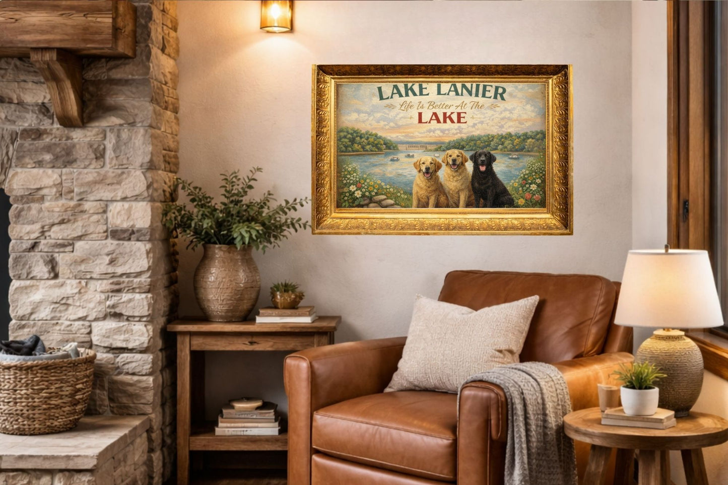 Lake Lanier Sunset with Happy Pups| Buford Dam| Chattahoochee Rivers Art| Giclee Paper- Wood Sign- Metal Sign- Canvas