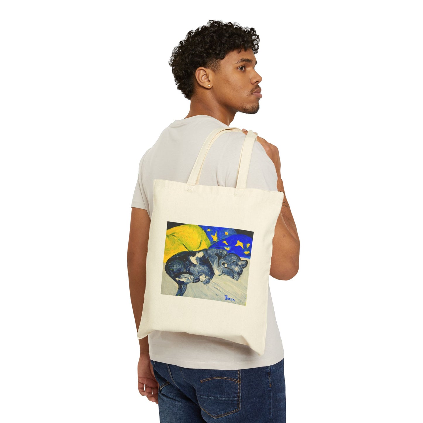 "Sleeping Kitty" Stylish Cotton Canvas Tote Bag, Eco-Friendly Shopping Bag