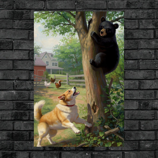 Farm Dog Chases Black Baby Bear Up Tree| Farmhouse Farm Animal Art- Giclee Paper- Wood