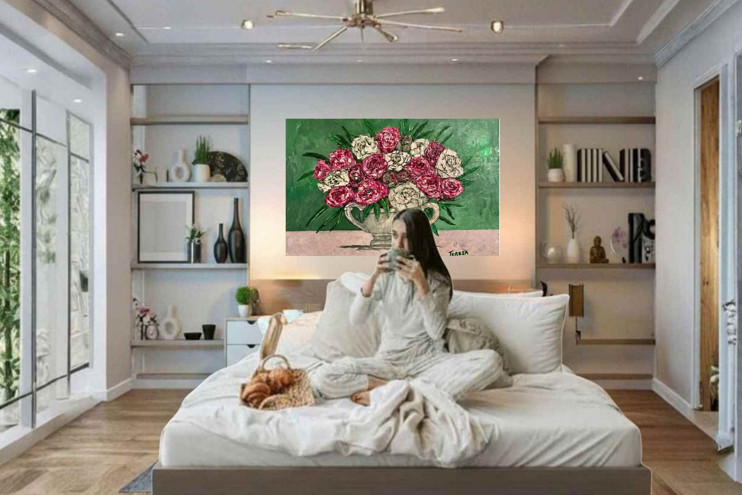 Garden's Best Arrangement | Original Teresa Johnson Floral Painting | Pink & White Roses in Vintage Pitcher | Giclée Paper • Wood • Metal • Canvas