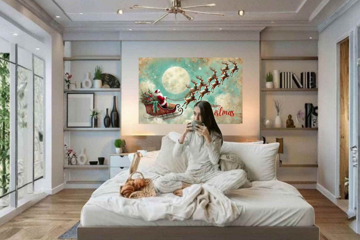 Merry Christmas to All| Santa in his Sleigh Holiday art| Prints and Canvas-Giclee Paper- Wood- Metal