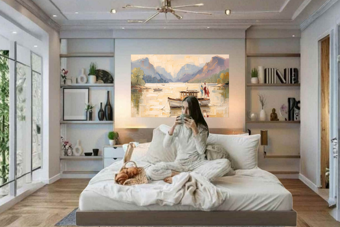 Silent Morning | Mountain Lake Boat Art Print | Impressionist Landscape | Coastal Cabin Decor | Giclée on Paper, Canvas, Wood & Metal
